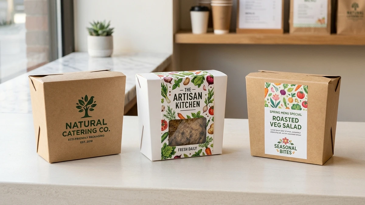 Three paper food boxes showing flexo, offset, and label-apply print options side by side on a counter.