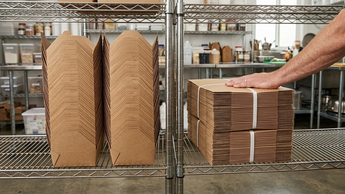 Side-by-side shelf comparison of nested paper food boxes versus flat-pack blanks showing storage density difference.