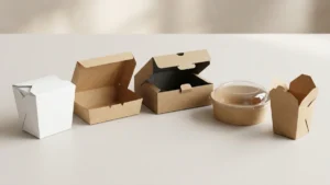 Five paper food box types arranged in a commercial product lineup on neutral background.
