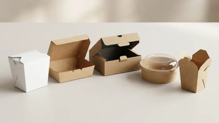 Five paper food box types arranged in a commercial product lineup on neutral background.