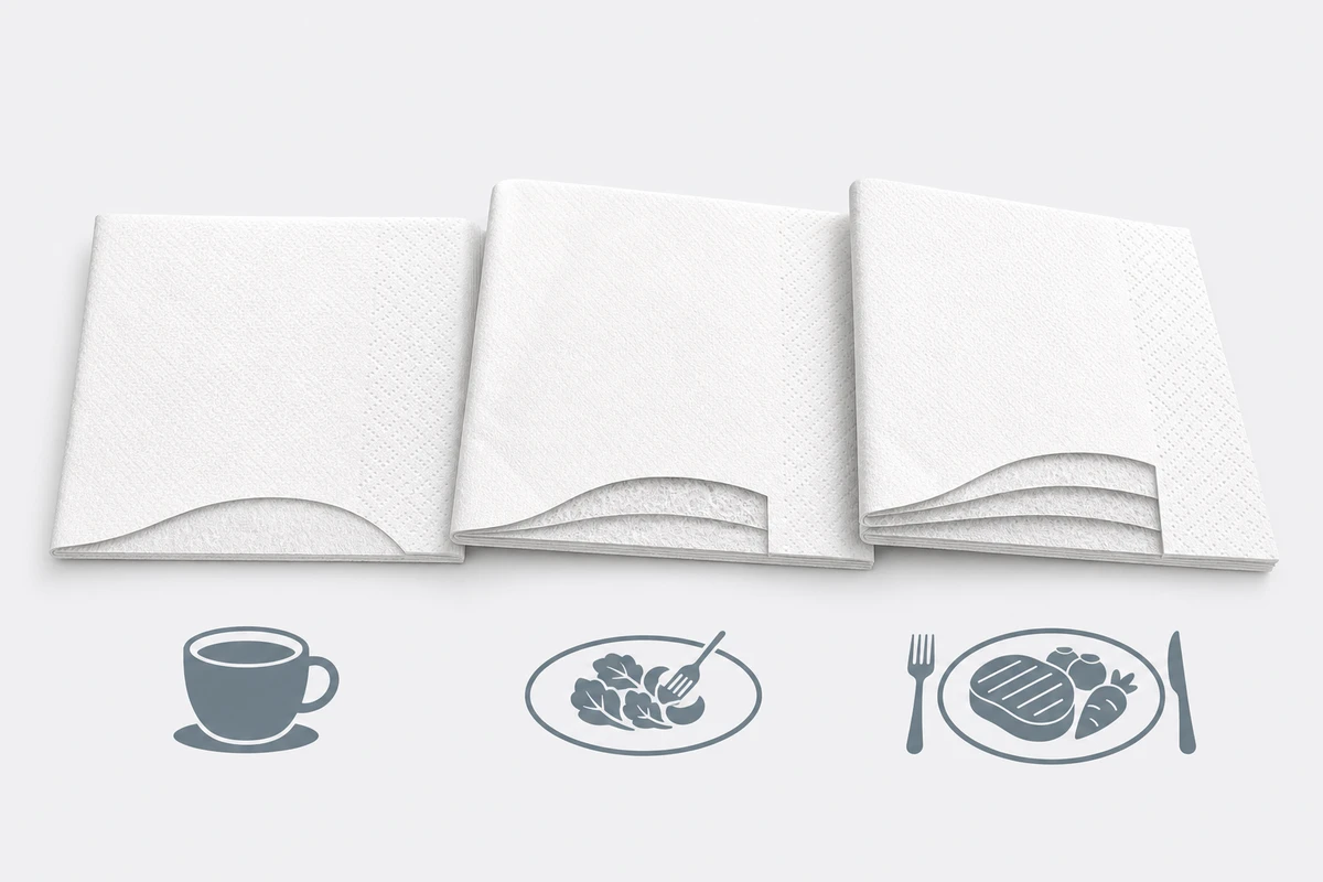 Side-by-side comparison of 1-ply, 2-ply, and 3-ply wholesale paper napkins with layer cutaways.