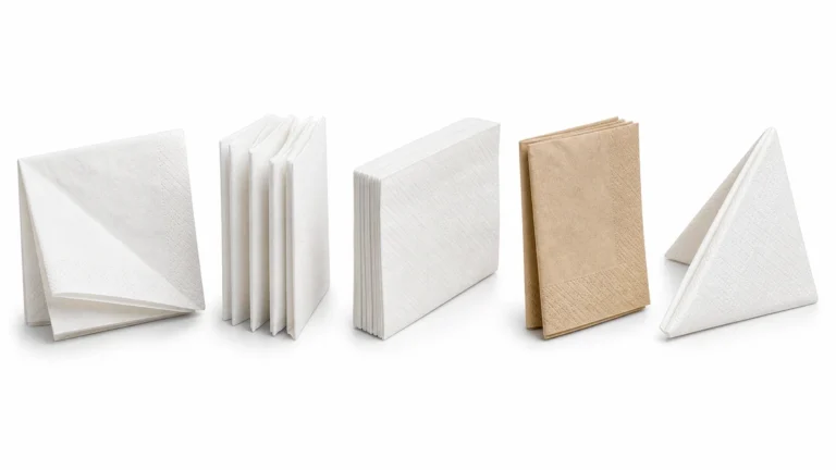 Five wholesale paper napkin fold styles arranged side by side on white background.