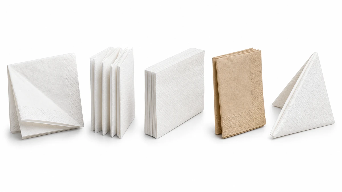 White and kraft paper napkins in several folded shapes