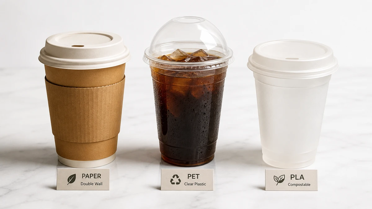 Three disposable coffee cup materials — paper, plastic, and PLA — displayed side by side for comparison.