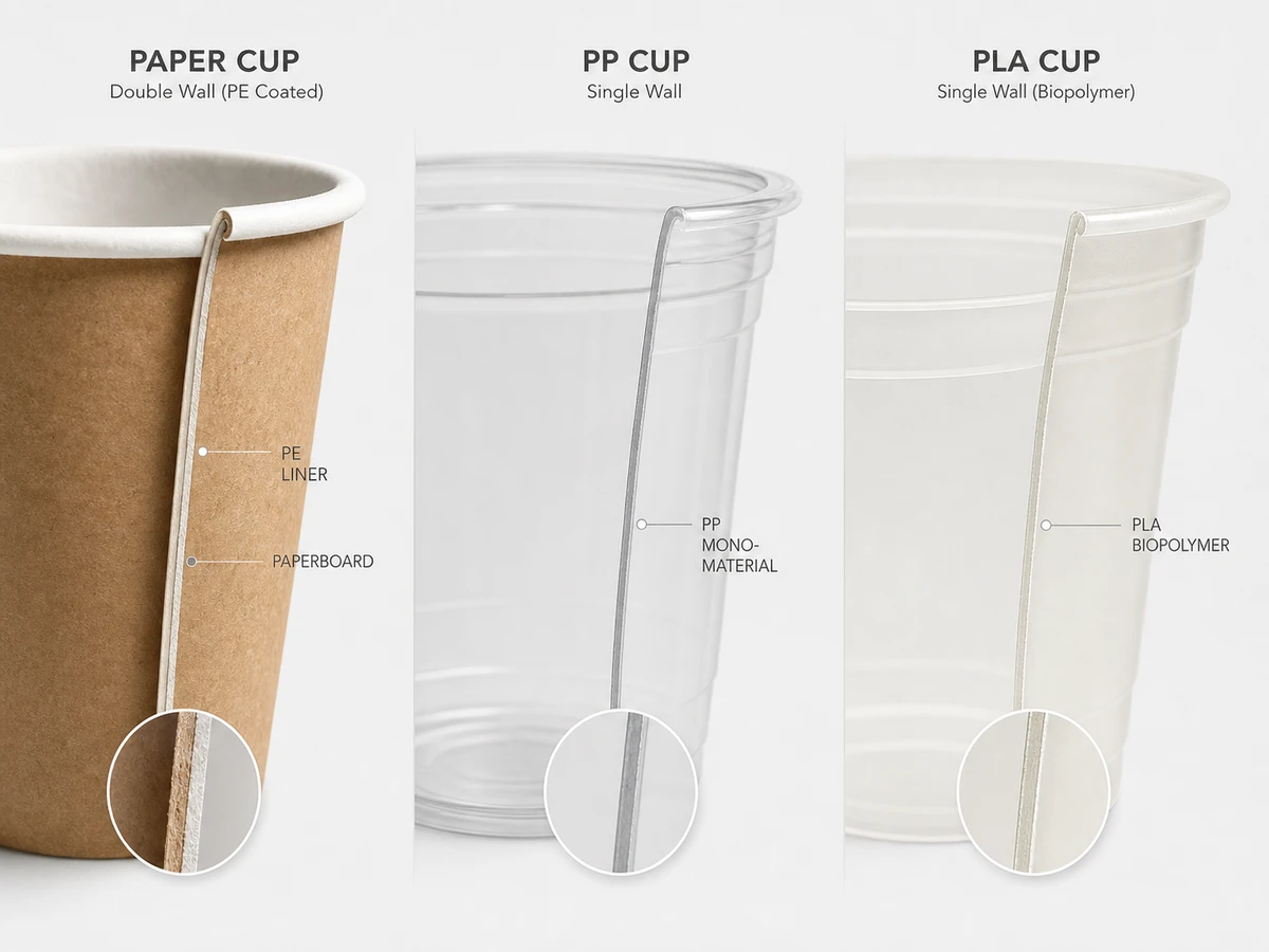 Cross-section cutaway comparing paper cup PE liner, PP plastic wall, and PLA thermoformed biopolymer cup construction.