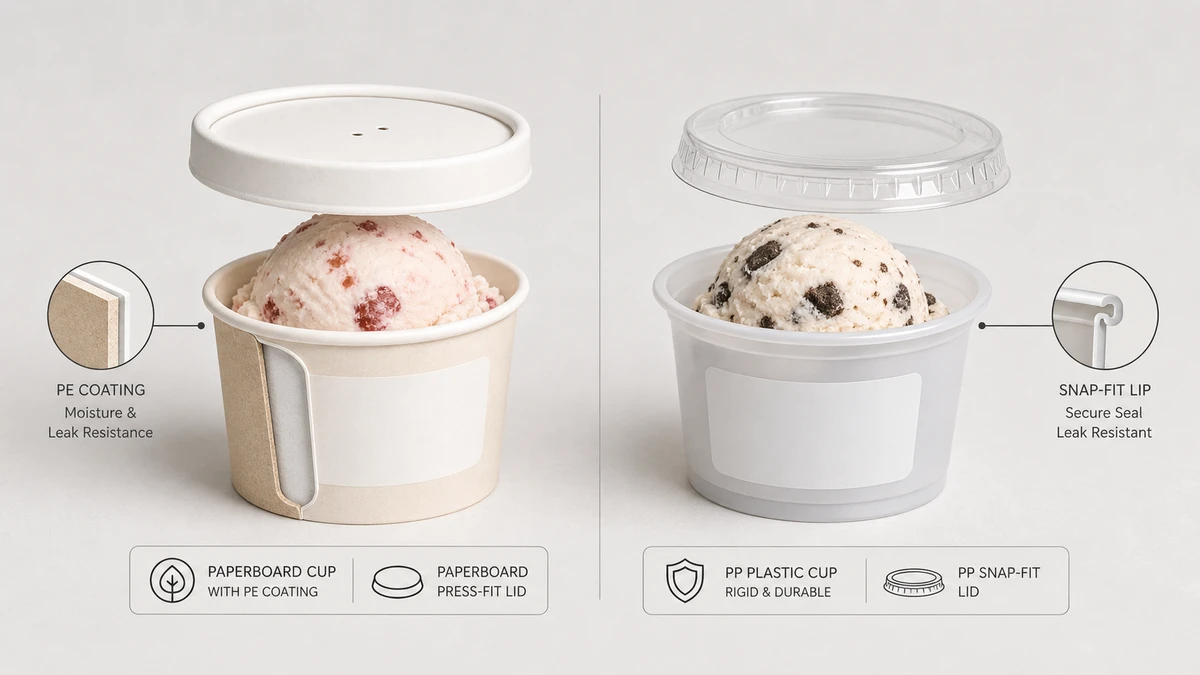 Side-by-side comparison of a paper ice cream cup and a plastic PP cup with matching lids.