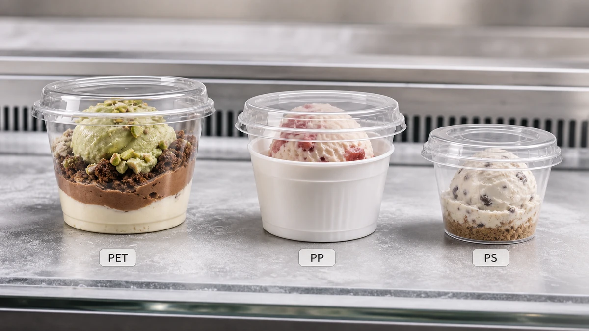 Three plastic ice cream cups in PET, PP, and PS resins displayed on a cold-display counter surface.