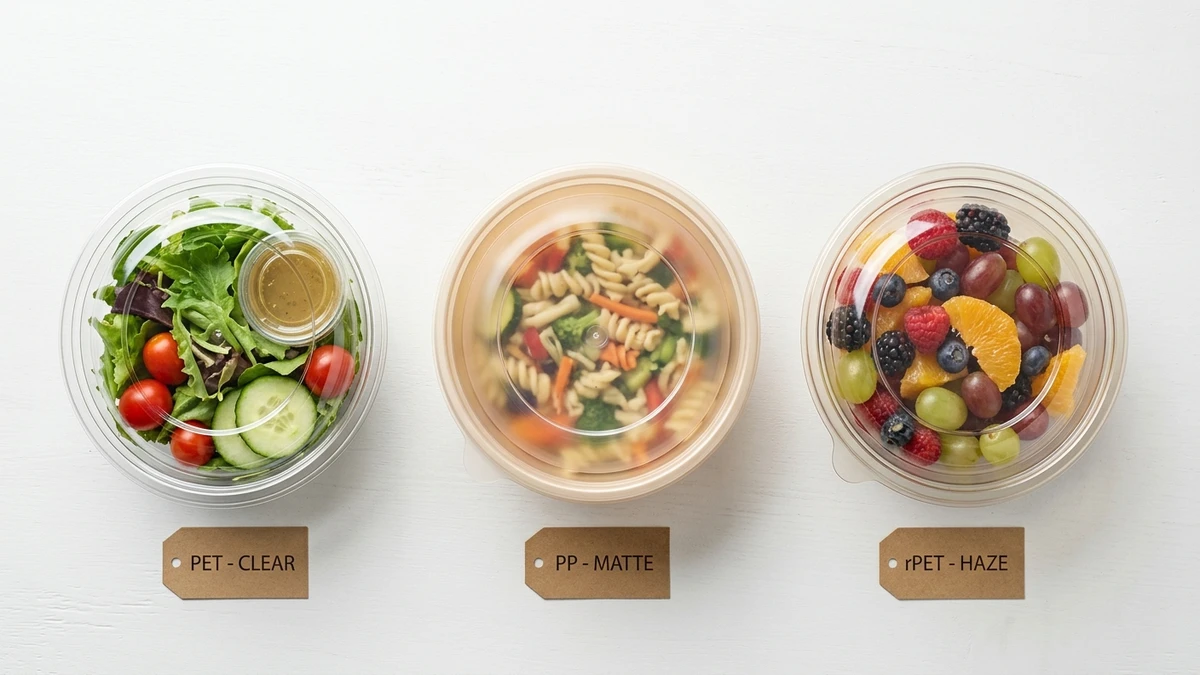 ** Side-by-side comparison of PET, rPET, and PP clear food containers showing sidewall clarity differences on white surface.