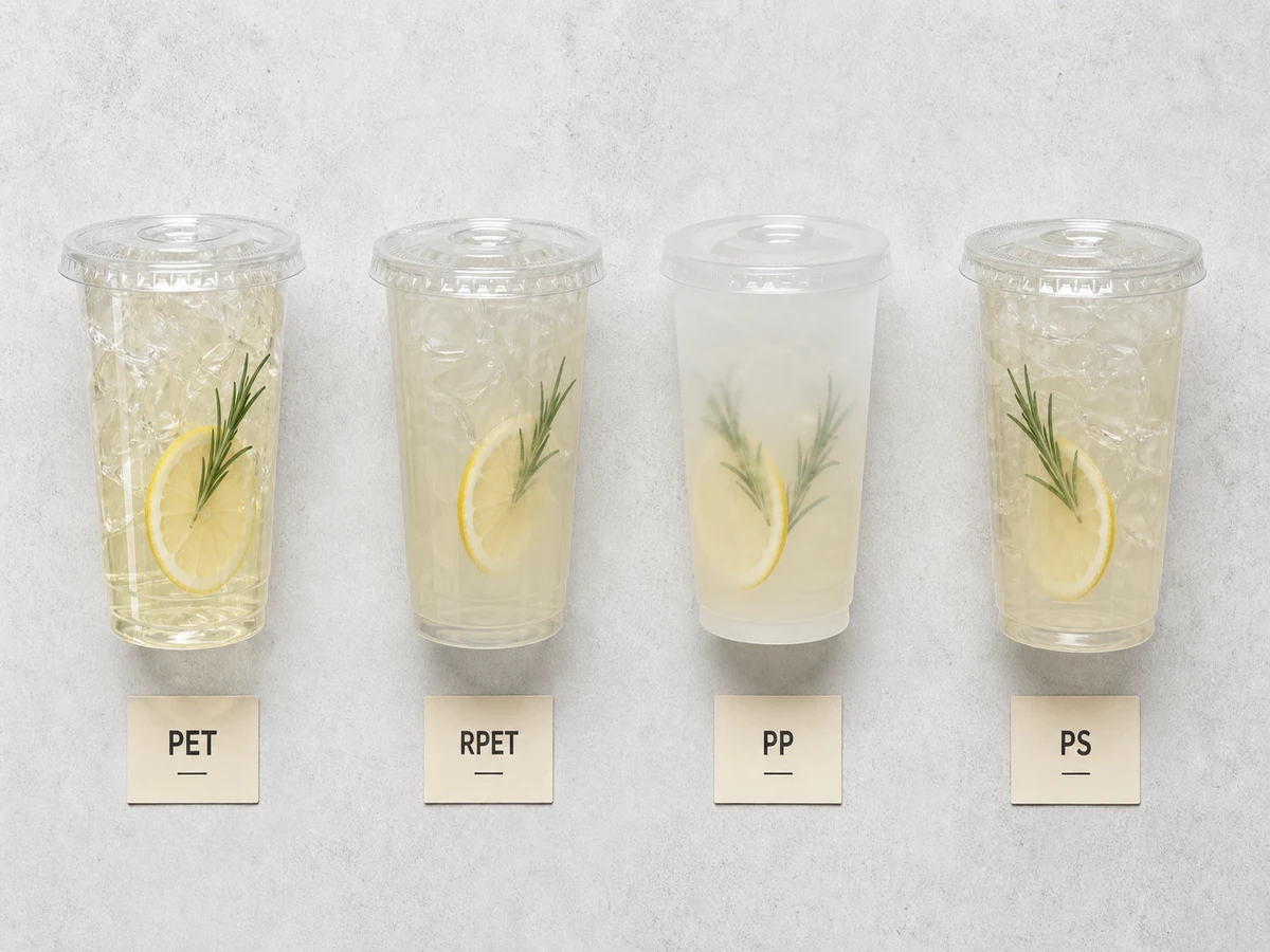 Side-by-side comparison of PET, RPET, PP, and PS cold-drink takeaway cups on grey surface.