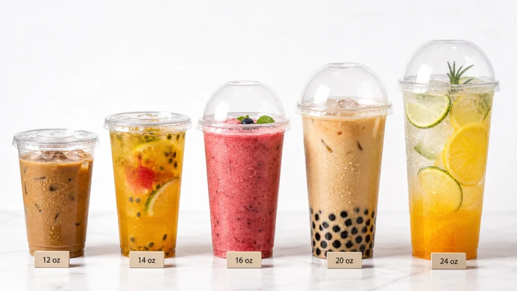 Five clear PET plastic cups with lids in ascending sizes filled with cold drinks.