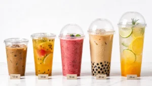 Five clear PET plastic cups with lids in ascending sizes filled with cold drinks.