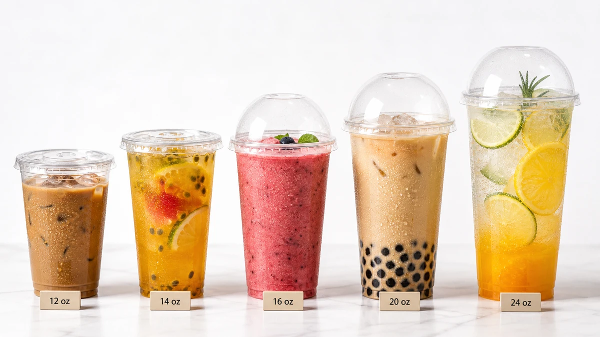 Five clear PET plastic cups with lids in ascending sizes filled with cold drinks.
