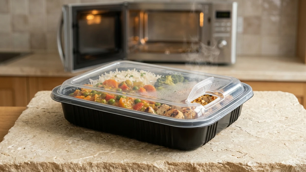 Polypropylene microwave safe meal tray with vented snap lid holding a hot rice and sauce entrée.