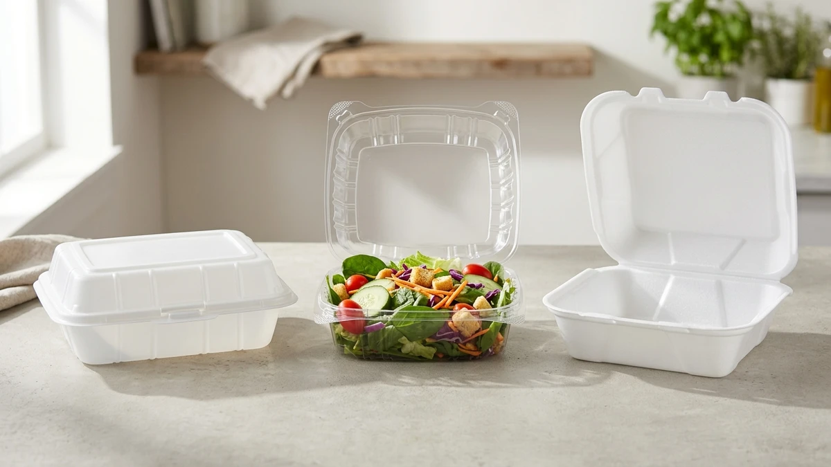PP clamshell, clear PET salad container, and EPS foam box shown side by side for material comparison