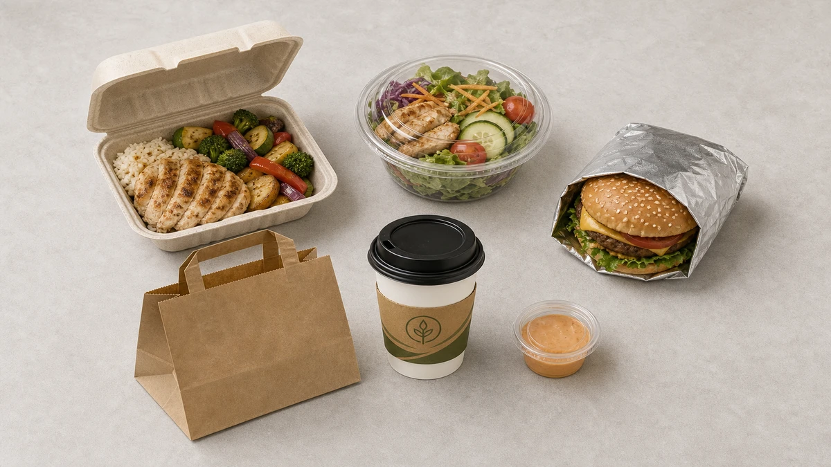 Six food packaging supply categories for restaurant chains arranged as overhead flat-lay