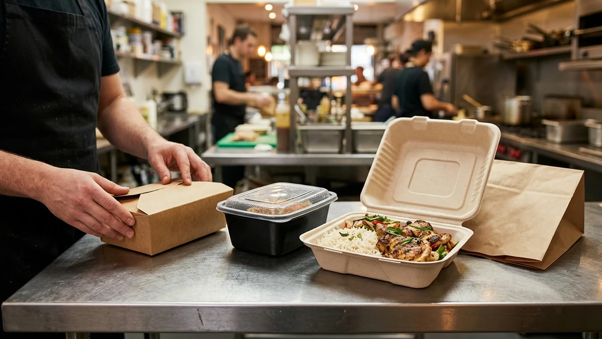 Restaurant staff hands closing kraft and PP to go boxes on a prep counter beside a takeout bag