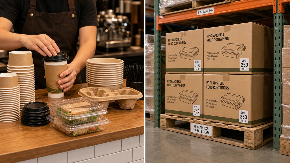 Split illustration comparing restaurant counter packaging setup against warehouse distributor pallet of case-packed food containers.