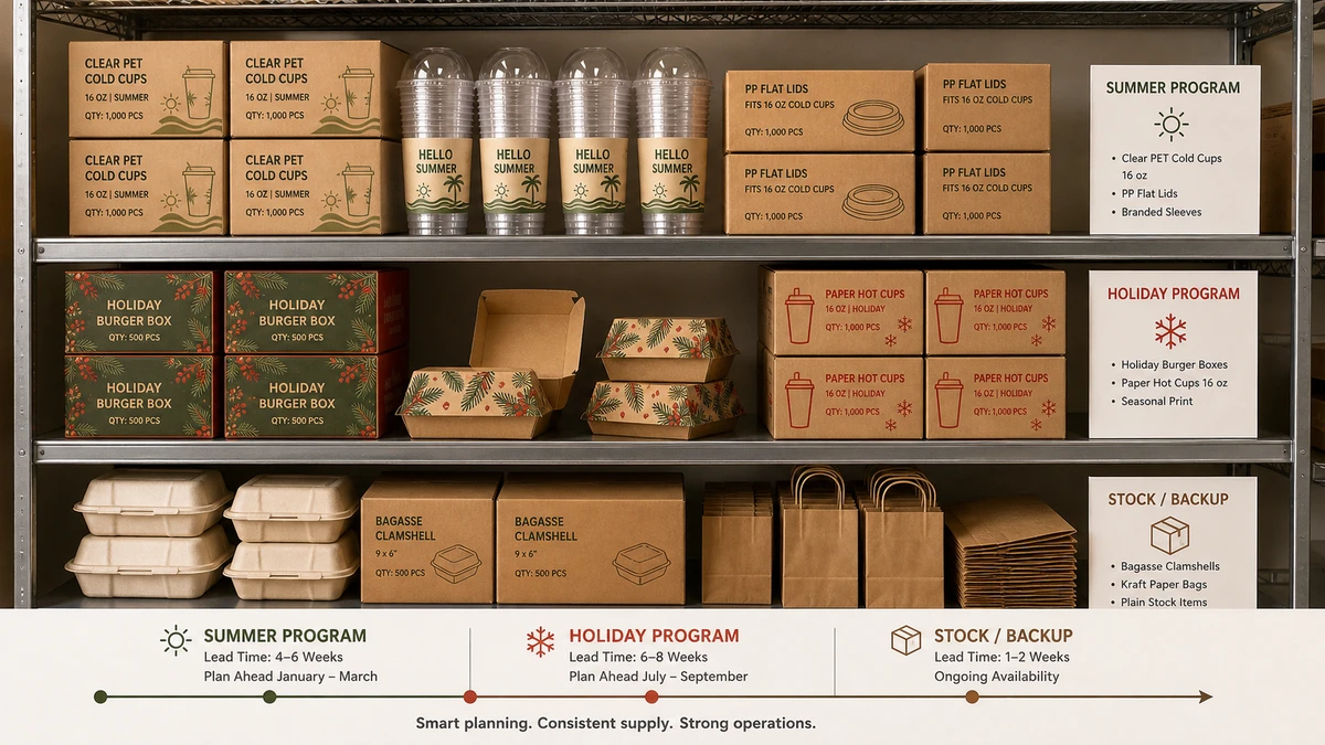 Back-of-house shelving showing tiered seasonal packaging inventory for a restaurant chain