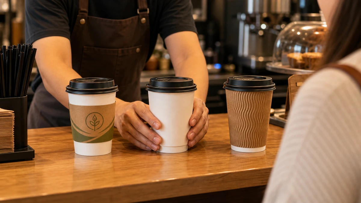 Single-wall sleeved cup, double-wall cup, and ripple-wall cup compared side by side on a café counter.