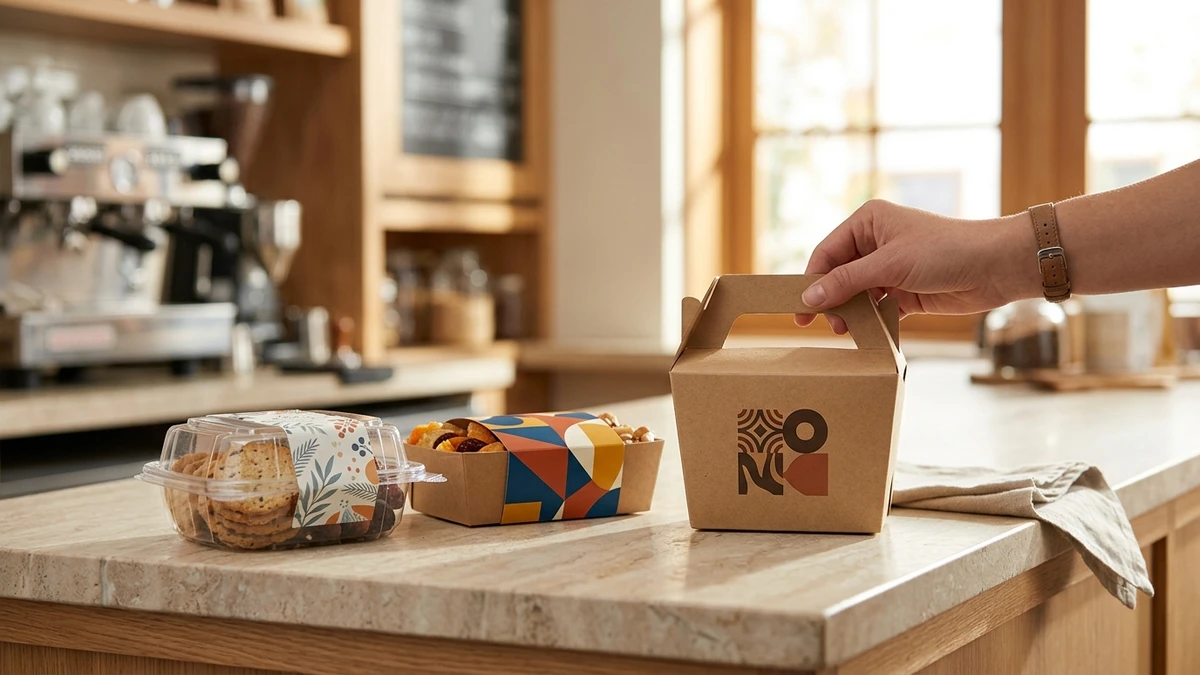 Three custom-printed snack containers on café counter showing flexo kraft box, digital rPET clamshell, and sleeved paperboard tray.