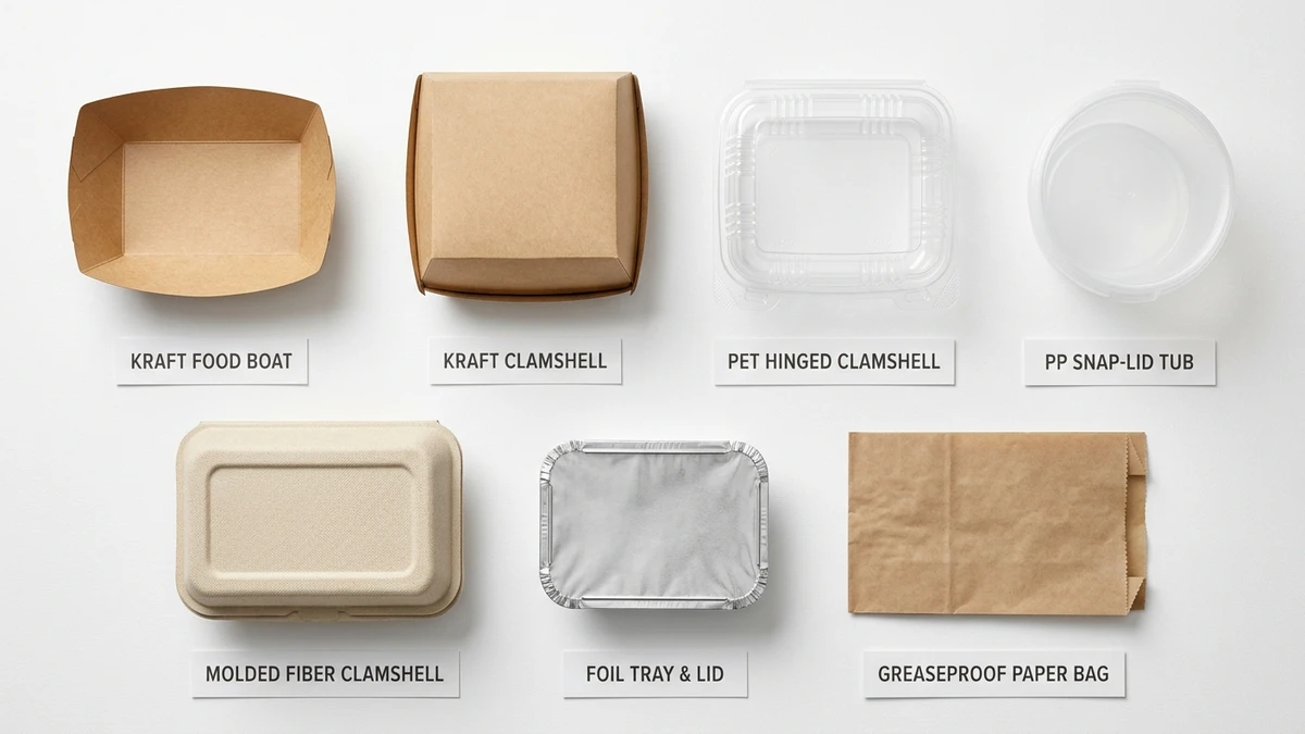 Overhead comparison board of seven commercial snack container formats including kraft, PET, PP, bagasse, foil, and paper bag.