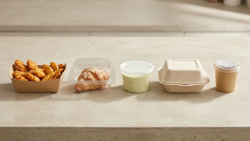 Five snack container types on neutral surface showing kraft tray, rPET clamshell, PP tub, bagasse, and paper cup.