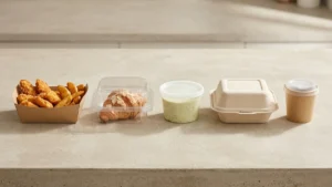Five snack container types on neutral surface showing kraft tray, rPET clamshell, PP tub, bagasse, and paper cup.