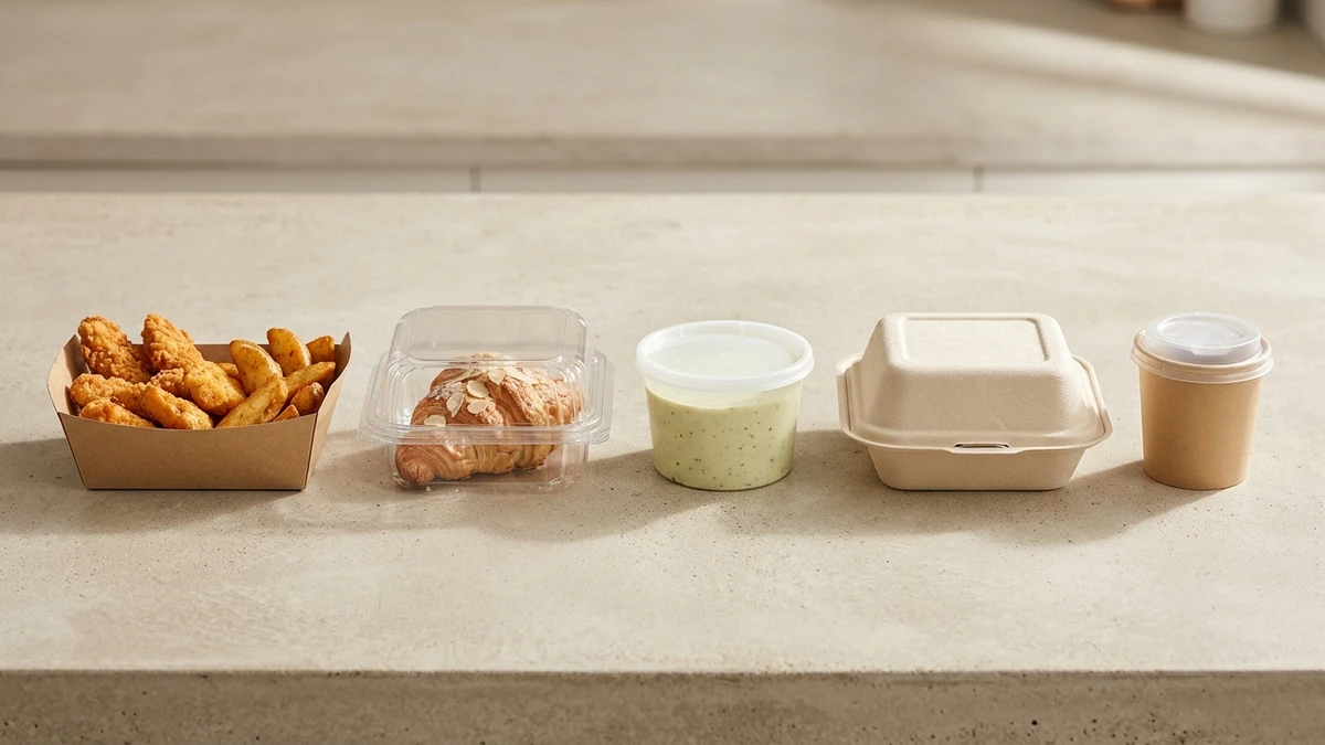Five snack container types on neutral surface showing kraft tray, rPET clamshell, PP tub, bagasse, and paper cup.