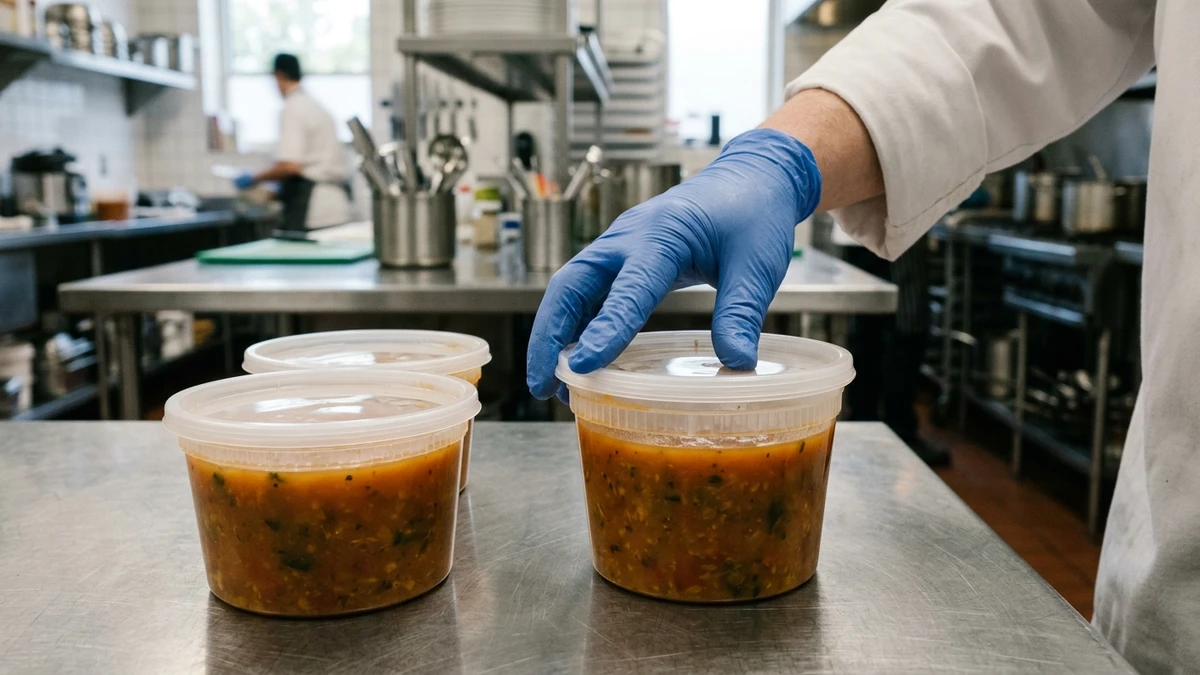 Staff hand pressing clear snap-on lid onto a filled PP deli container on a stainless prep counter