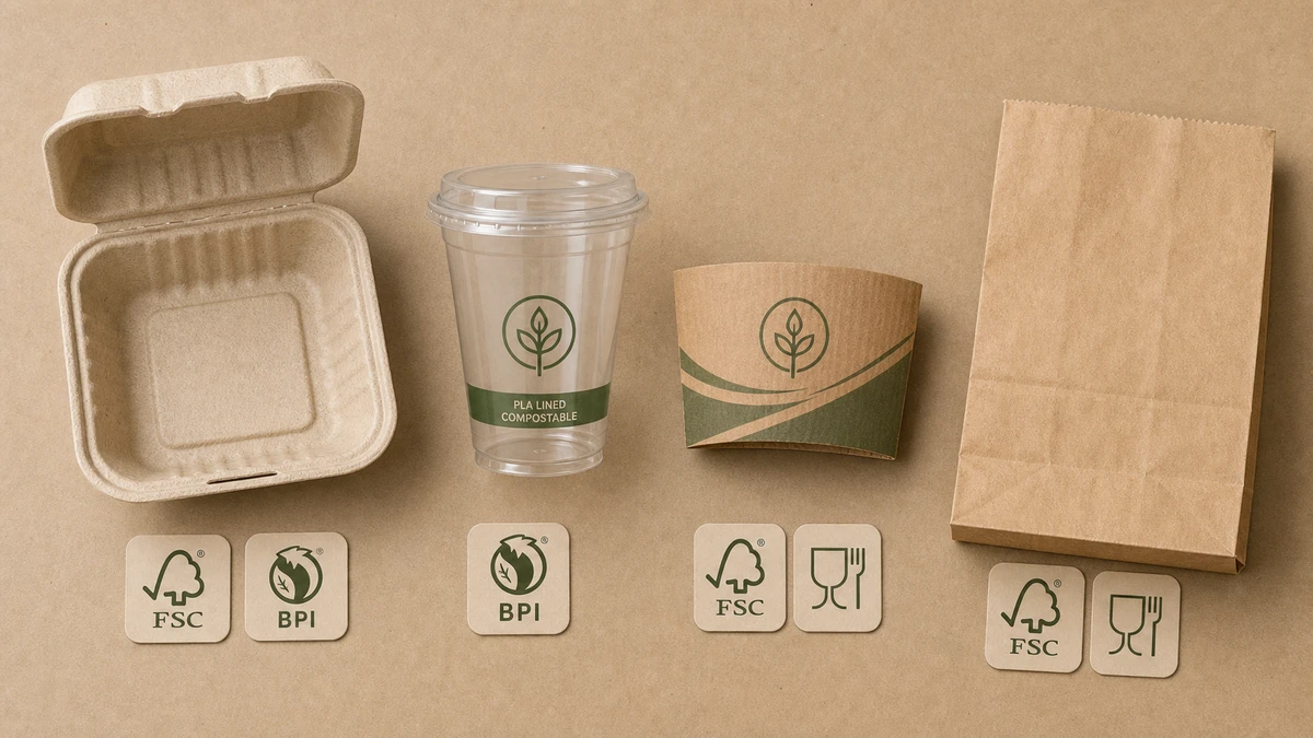 Sustainable food packaging materials with FSC, BPI, and food-contact certification badges displayed beside each item