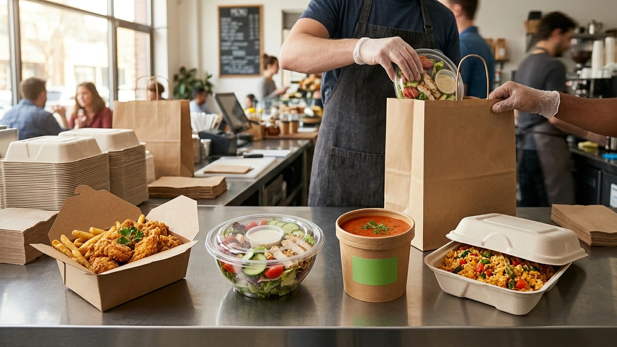 Take out container scenarios for salads, soups, fried foods, and takeaway meals.