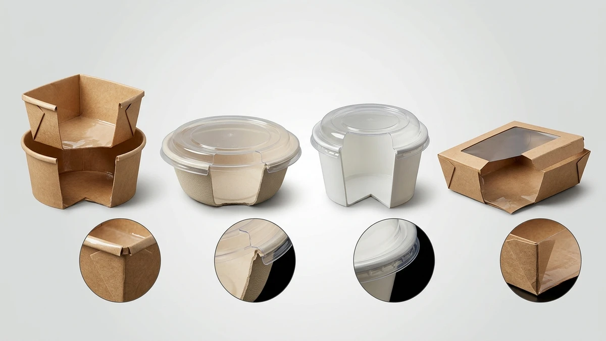 Take out container construction details showing lid fit, seams, barrier layers, and corners.