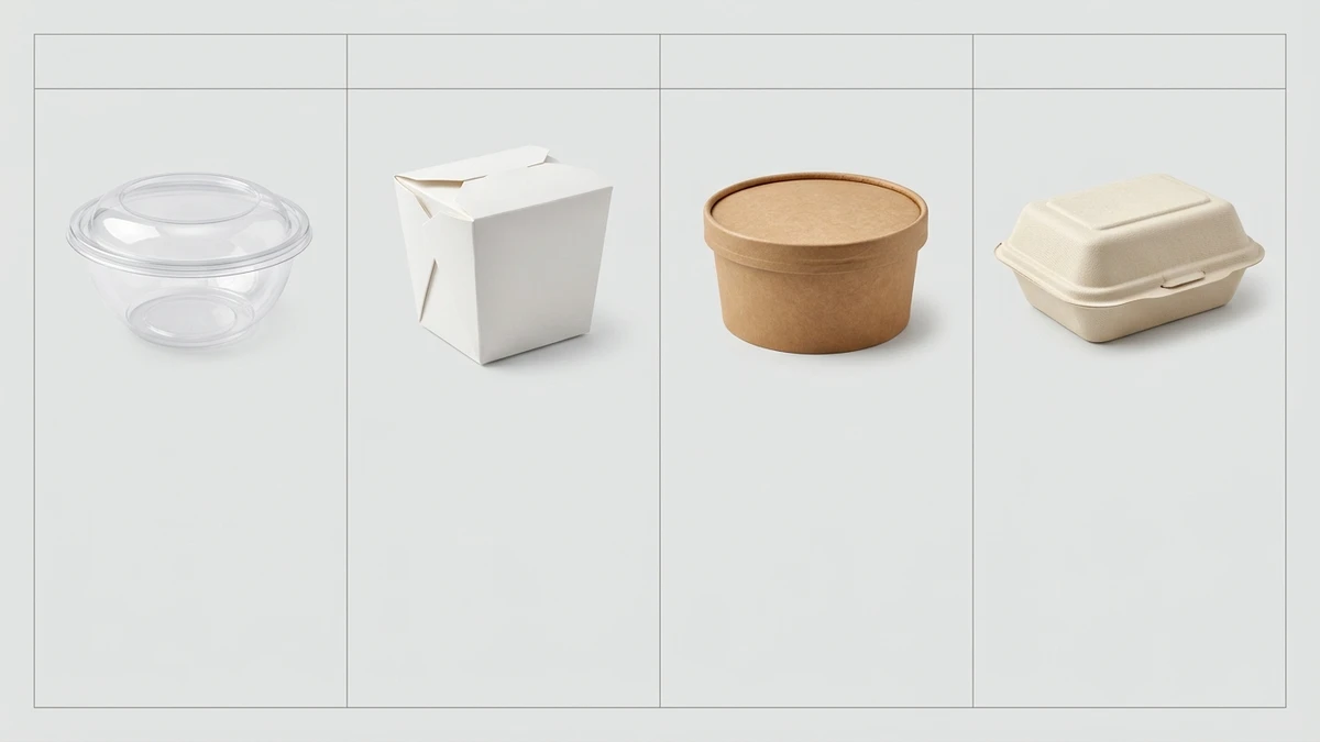 Take out container material comparison board with plastic, paper, kraft, and compostable formats.