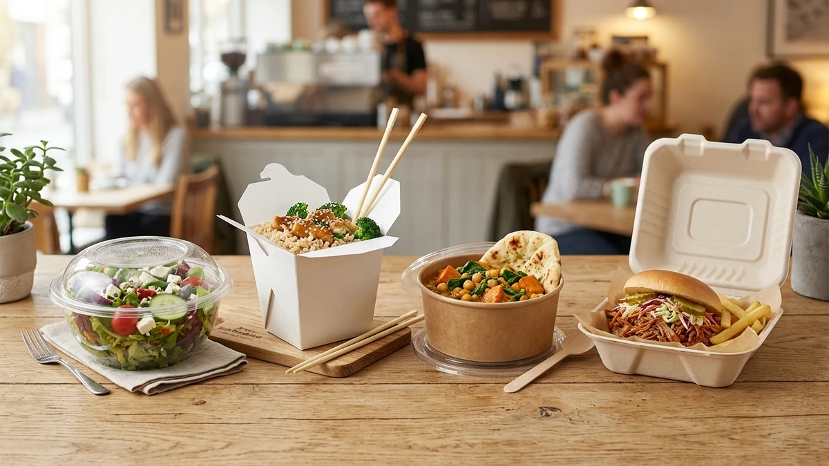 Take out container lineup showing plastic, paper, kraft, and compostable foodservice use cases.