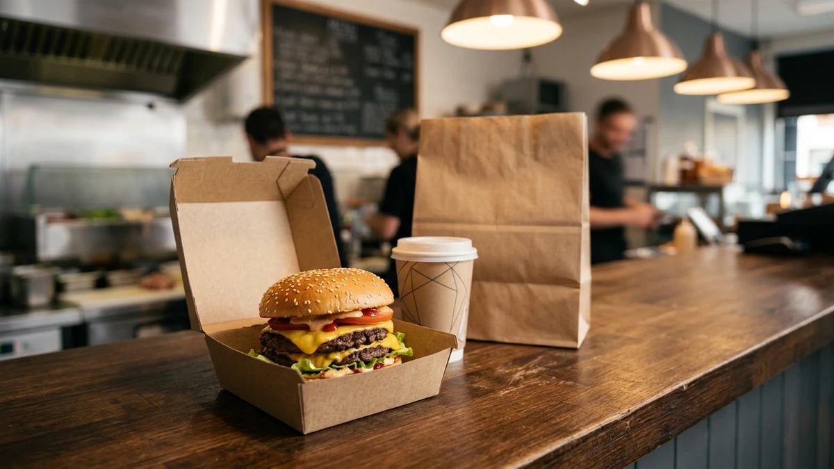 Open kraft clamshell burger packaging box on a takeaway counter holding a fully dressed double-patty burger.