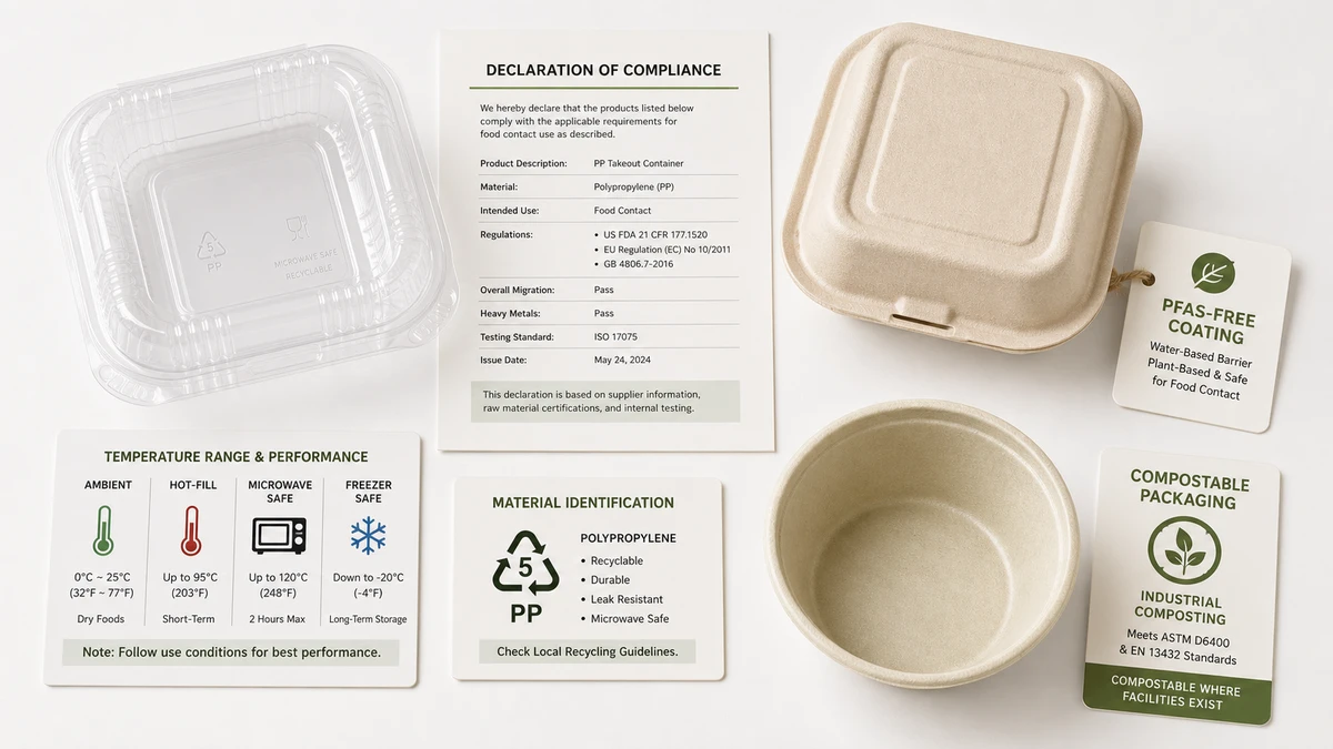 Takeout containers displayed alongside compliance documents showing food-contact and temperature use requirements