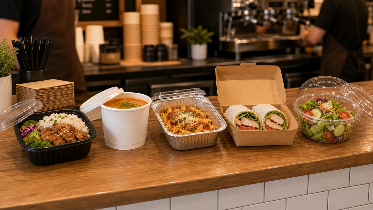Five takeout containers matched to hot and cold food types on a café service counter