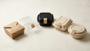 Five types of restaurant to go boxes arranged on a light surface showing material variety