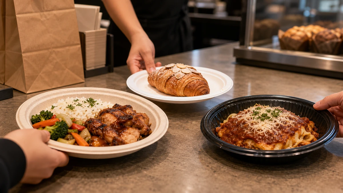 Three disposable plate types in active use on a busy takeaway food service counter.