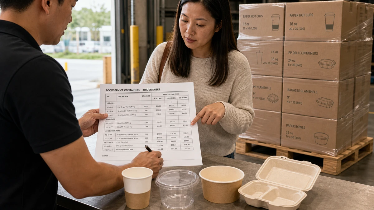 Buyer and supplier reviewing wholesale disposable food container pricing tiers and MOQ terms at a warehouse table with stacked pallet.