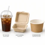 Wholesale food packaging lineup showing hot cup, cold cup, clamshell, bowl, and bag