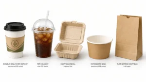 Wholesale food packaging lineup showing hot cup, cold cup, clamshell, bowl, and bag