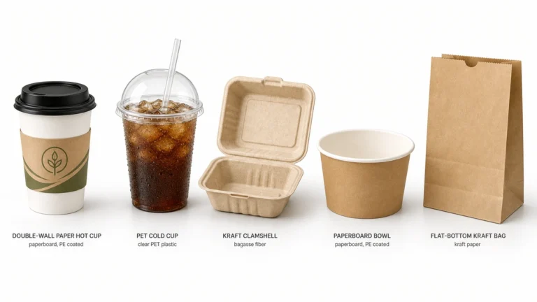 Wholesale food packaging lineup showing hot cup, cold cup, clamshell, bowl, and bag
