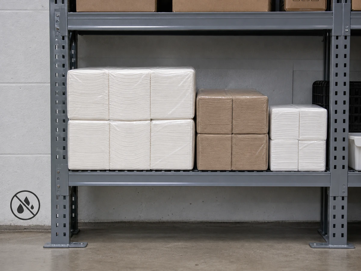 Back-of-house storage shelf holding three different wholesale napkin case sizes side by side.