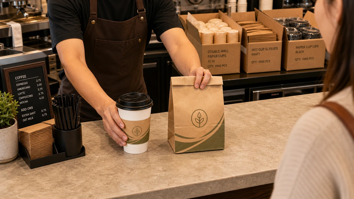 Cafe counter showing wholesale food packaging in active service with bulk stock visible behind