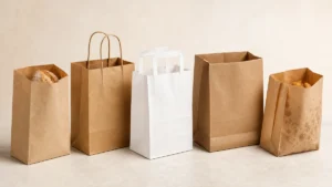 Five wholesale kraft paper bags for foodservice arranged by type and size on neutral surface.