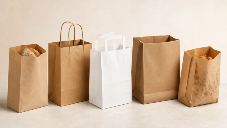 Five wholesale kraft paper bags for foodservice arranged by type and size on neutral surface.