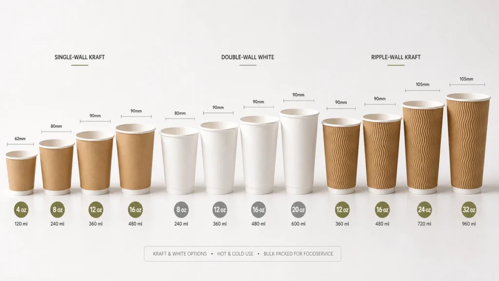 Wholesale paper cups in multiple sizes and wall constructions arranged side by side on white surface.