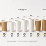 Wholesale paper cups in multiple sizes and wall constructions arranged side by side on white surface.