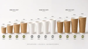 Wholesale paper cups in multiple sizes and wall constructions arranged side by side on white surface.